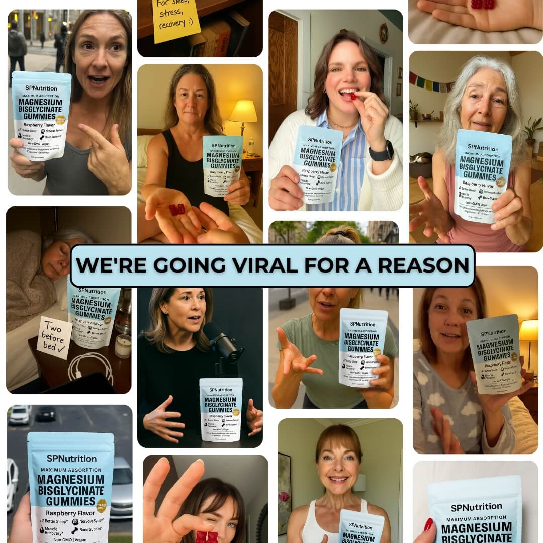 Collage of people holding SP Nutrition magnesium gummies with text 'We're going viral for a reason'.